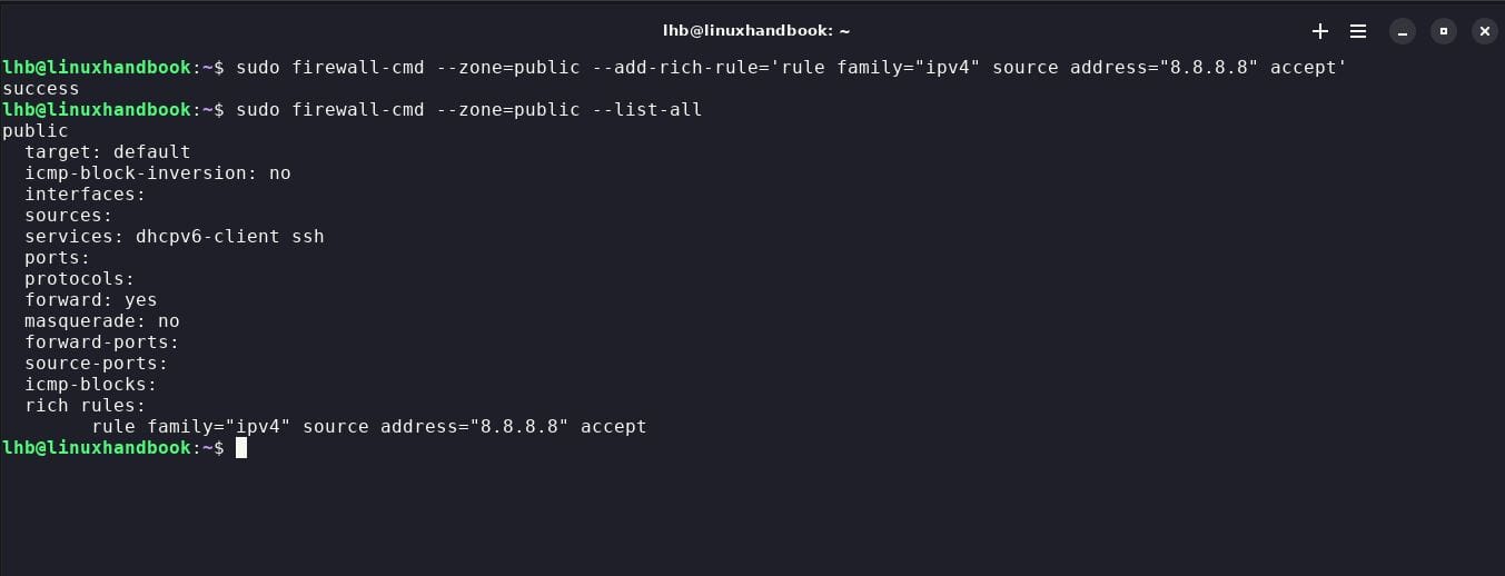 Check the zone to see if IP has been added to the exceptions in the rich rules
