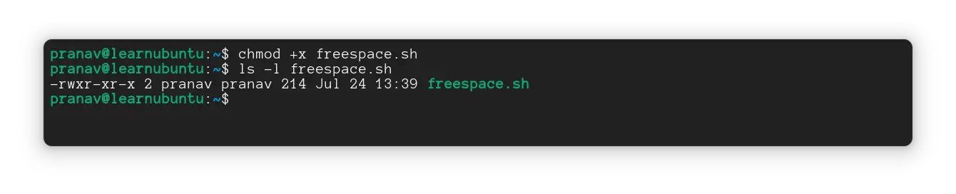 Changed permissions to execute the script file, using the chmod command
