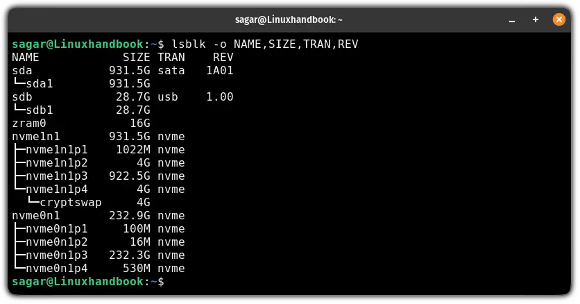 Get specific details of disk block using the lsblk