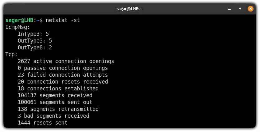 get statistics for TCP connections using the netstat command