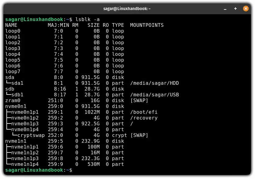 List all blocks using the lsblk command