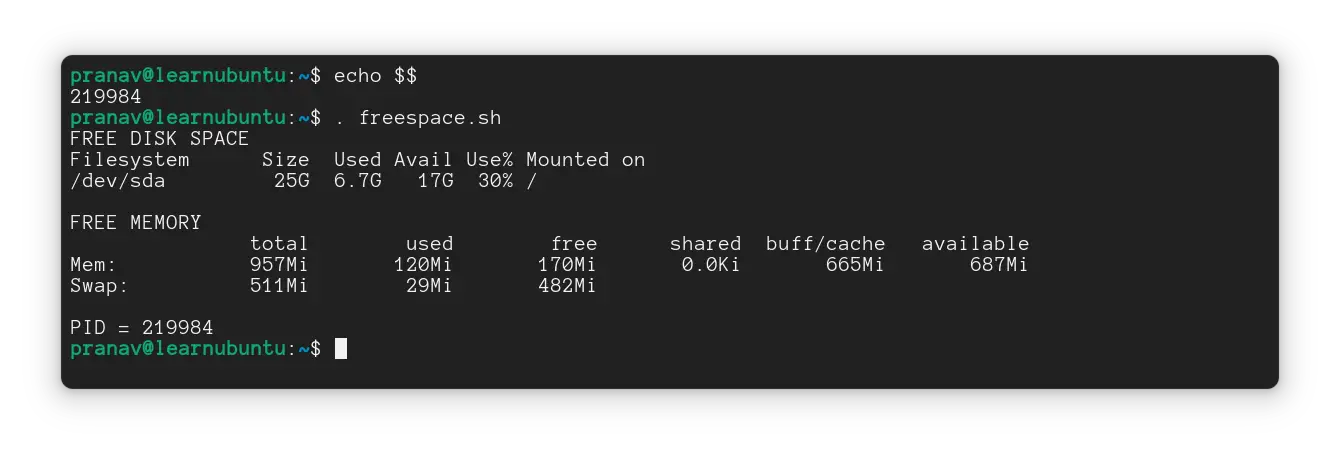 PID of the shell, then script executed in the same shell using dot operator