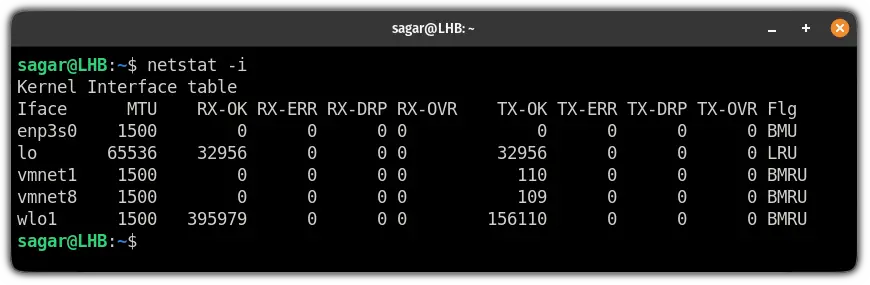 Show network interfaces using the netstat command on linux